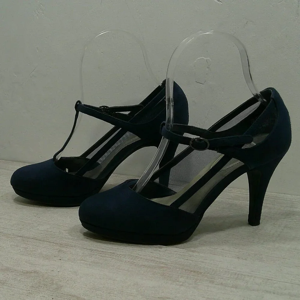 Worthington Retro Pin-up Style Blue Suede Mesh T-Strap Heels Size 6
